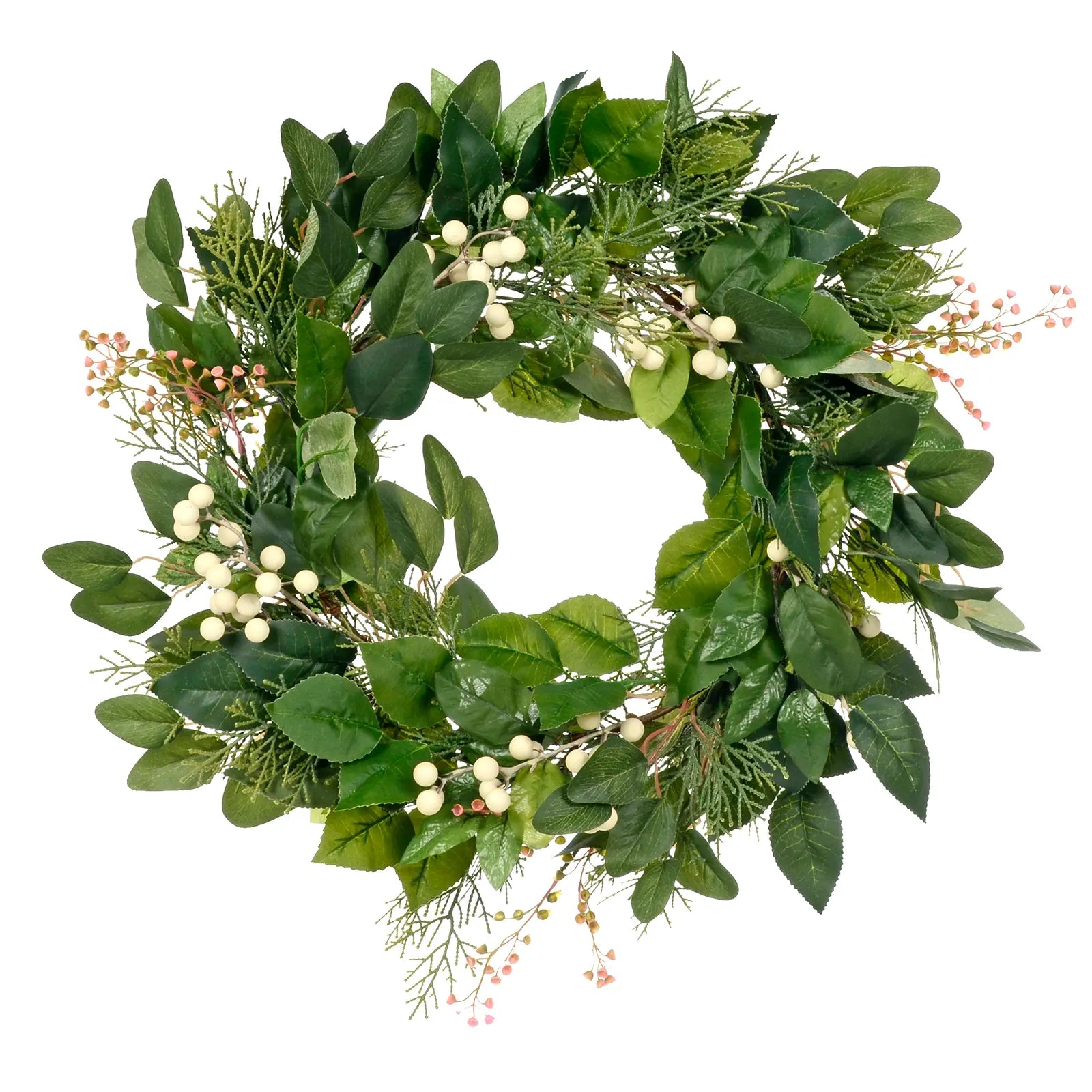 mr crimbo natural mixed leaf foliage christmas wreath featuring white berry clusters and pink flower sprays